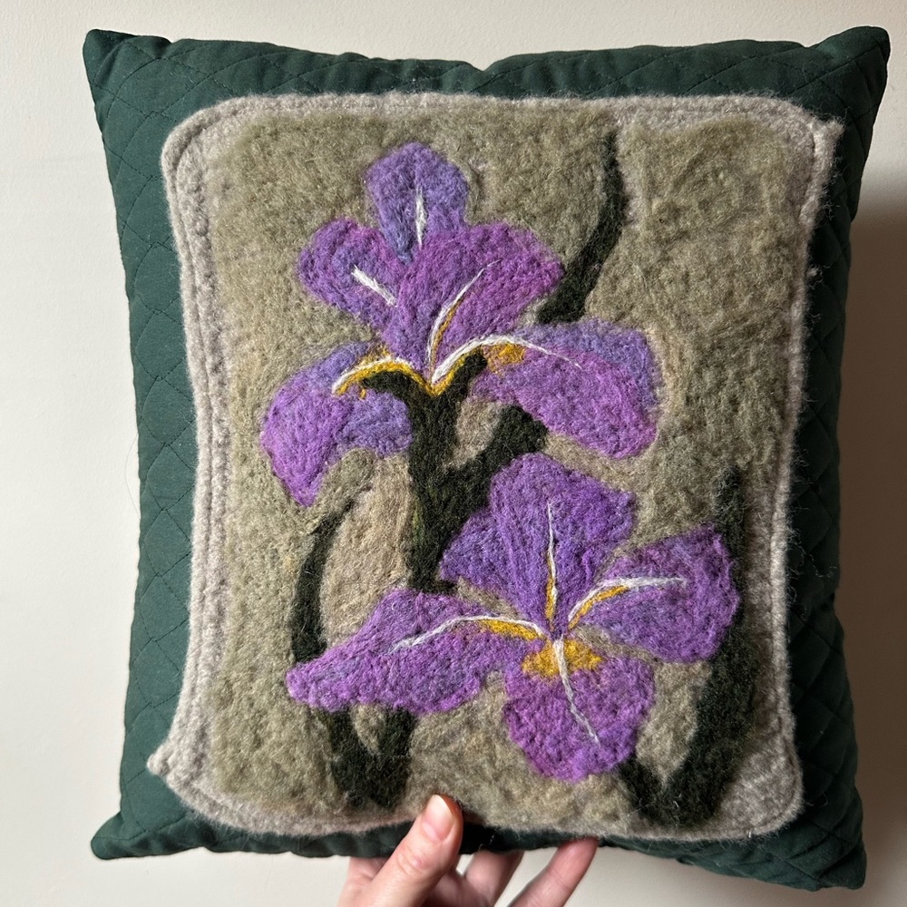 Felted Wool Iris Throw Pillow Botanical Handmade Bohemian